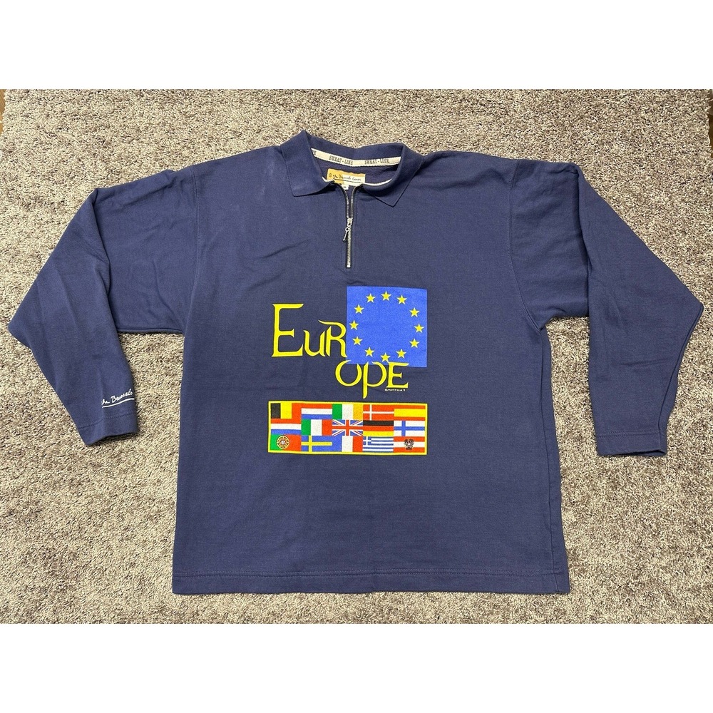 VTG Europe XL Blue Hoodie Sweatshirt "The Brussels Corner" Half Zip Collar